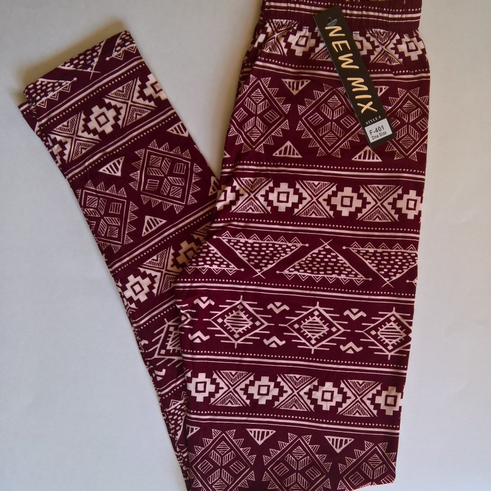 Burgundy Aztec Tribal Print Leggings size 2-12